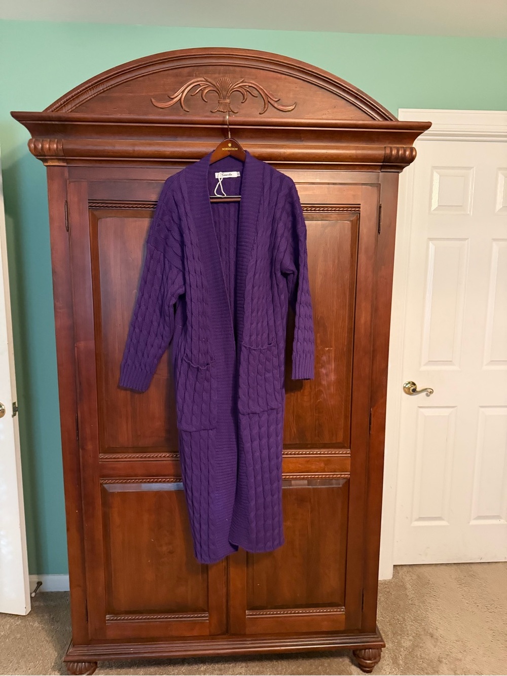 Long Purple Cable-Knit Open Front Cardigan